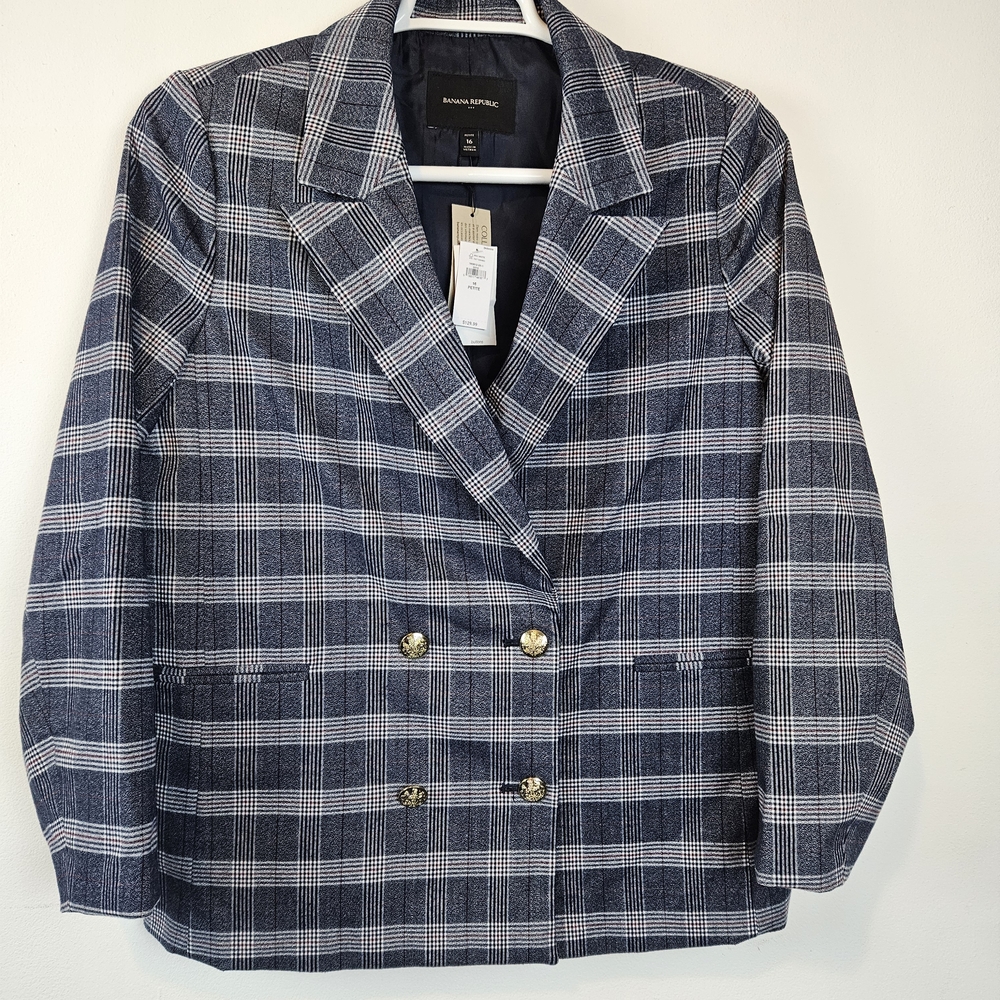 Banana Republic Women's Black, Maroon, White Plaid Blazer Size 16P - Picture 3 of 16